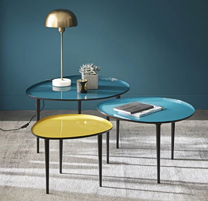 14 Galet Table Gigognes En Métal Laqué Bleu Et Jaune