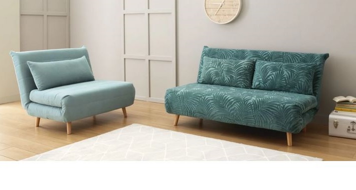 Nio – Banquette Convertible 2 Places En Velours Vert Motifs Palmiers