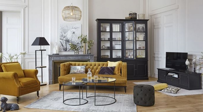 Mortimer – Canapé Capitonné 3 Place En Velours Ocre