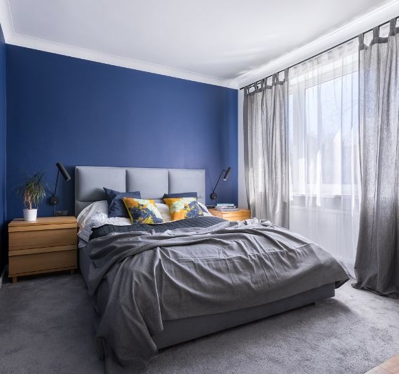 Chambre Murs Bleu, Linge De Lit Gris