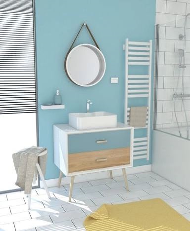 Meuble Salle De Bain Scandinave Blanc Bleu Et Bois Naturel