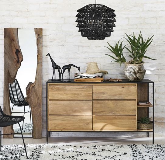 Wayampi Commode Double 6 Tiroirs 1 étagère En Métal Noir Et Manguier Massif –