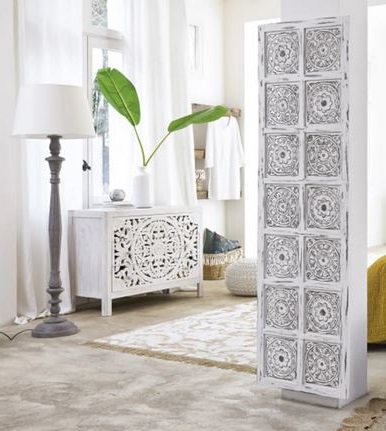 Kerala Commode 3 Tiroirs En Manguier Massif Sculpté Blanc –
