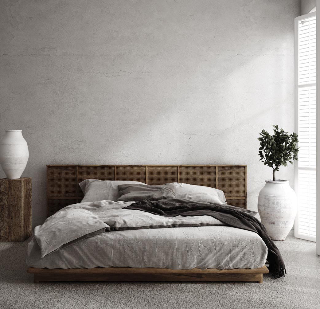 chambre mur gris et deco minimaliste