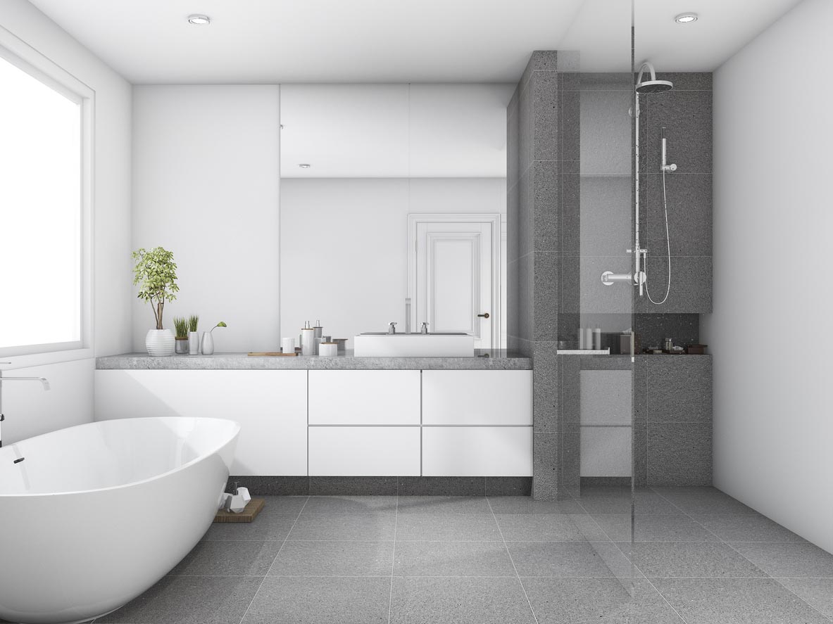 salle de bain avec carrelage gris