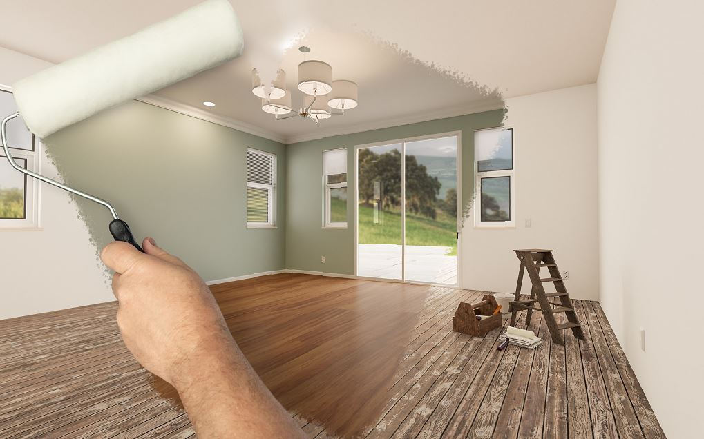 Main Qui Tient Un Rouleau à Peinture, Rénovation D'un Salon
